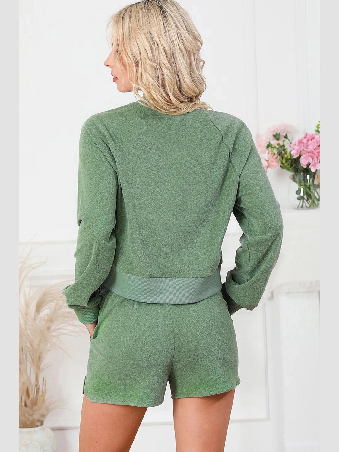 Round Neck Long Sleeve Top and Drawstring Shorts Lounge Set nicholesgifts