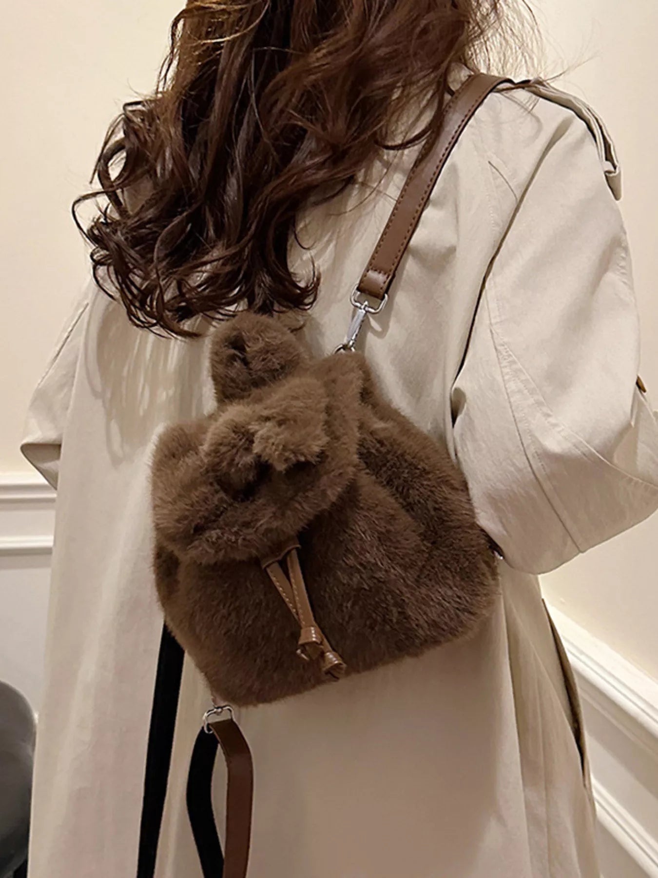 Fuzzy Plush Drawstring Backpack Bag nicholesgifts