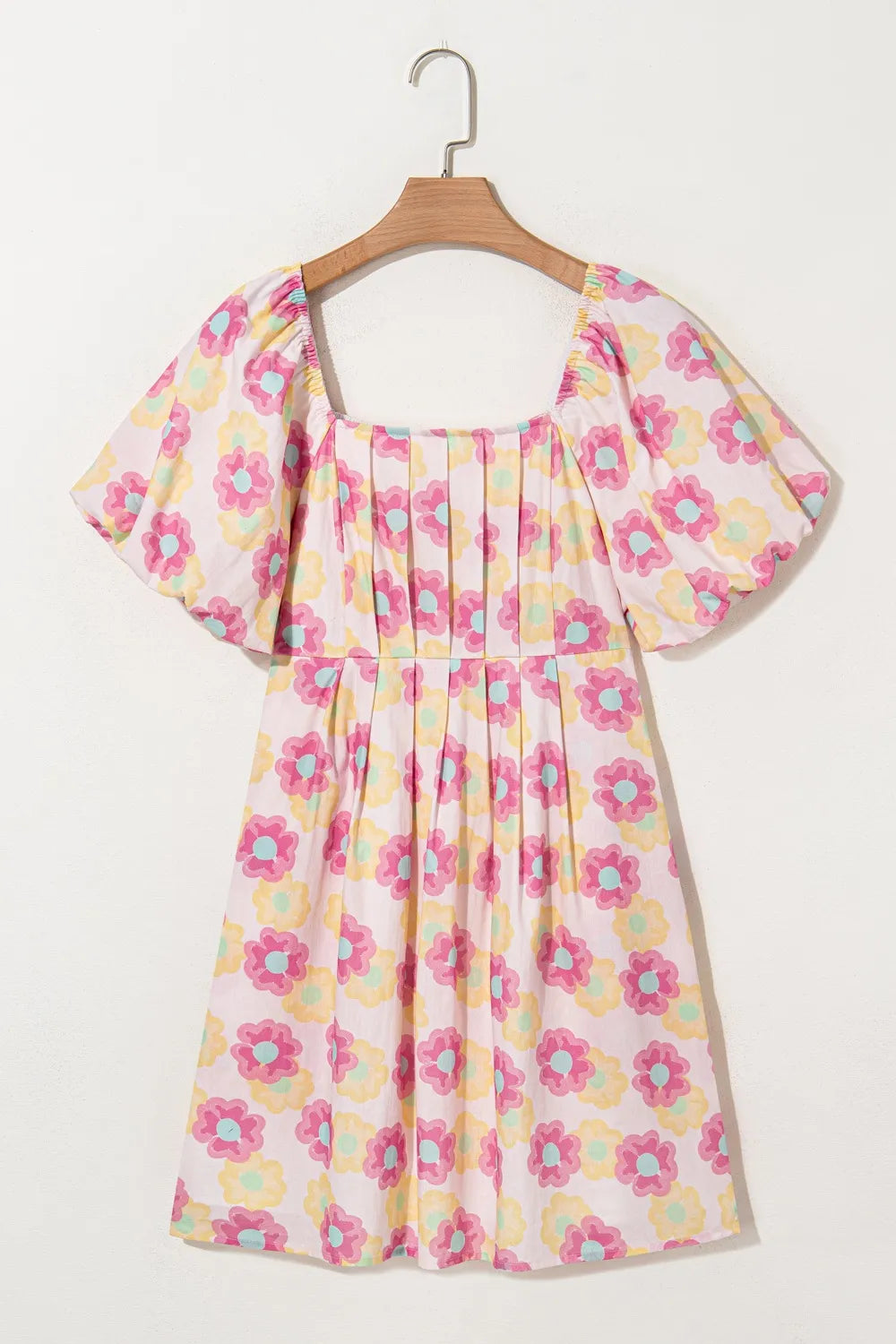 Floral Square Neck Puff Sleeve Pleated Flared Midi Dress Trendsi
