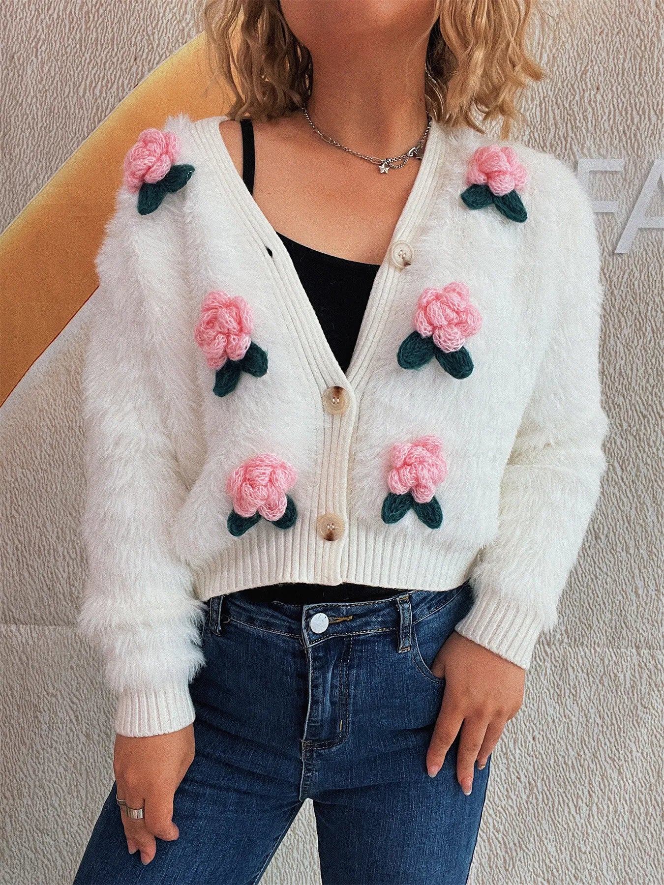 Flower Fuzzy Button-Up Cardigan