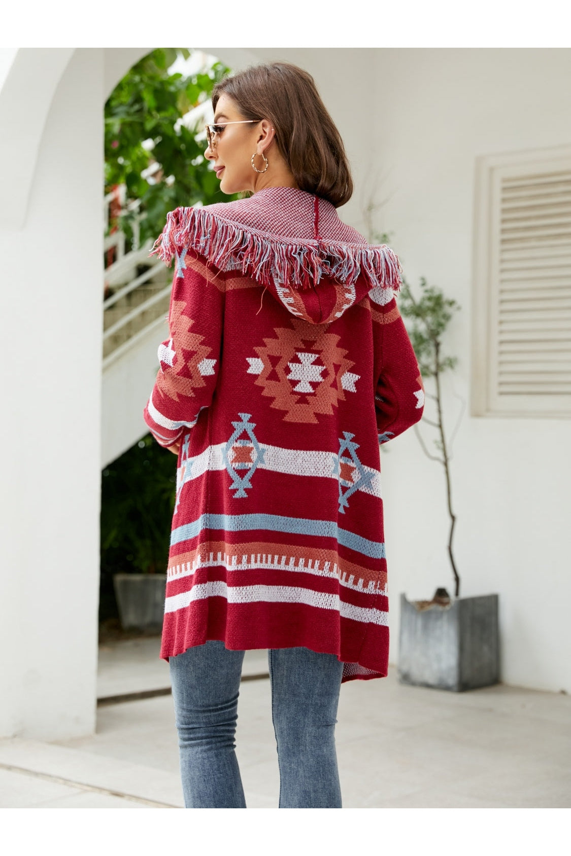 Fringe Geometric Hooded Long Sleeve Cardigan nicholesgifts