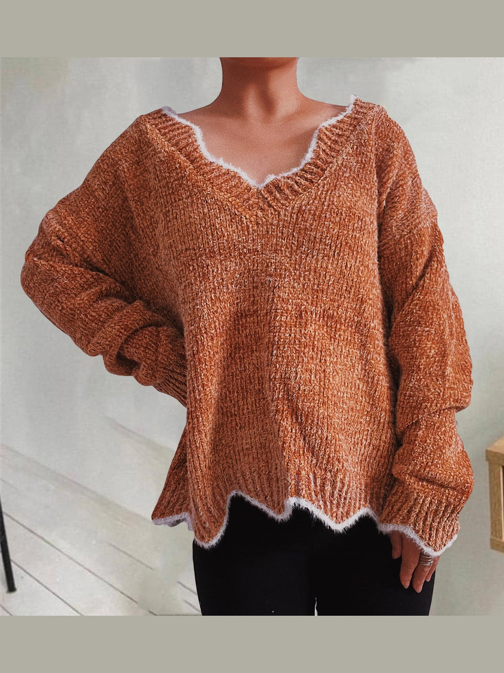 V-Neck Drop Shoulder Long Sleeve Sweater Trendsi