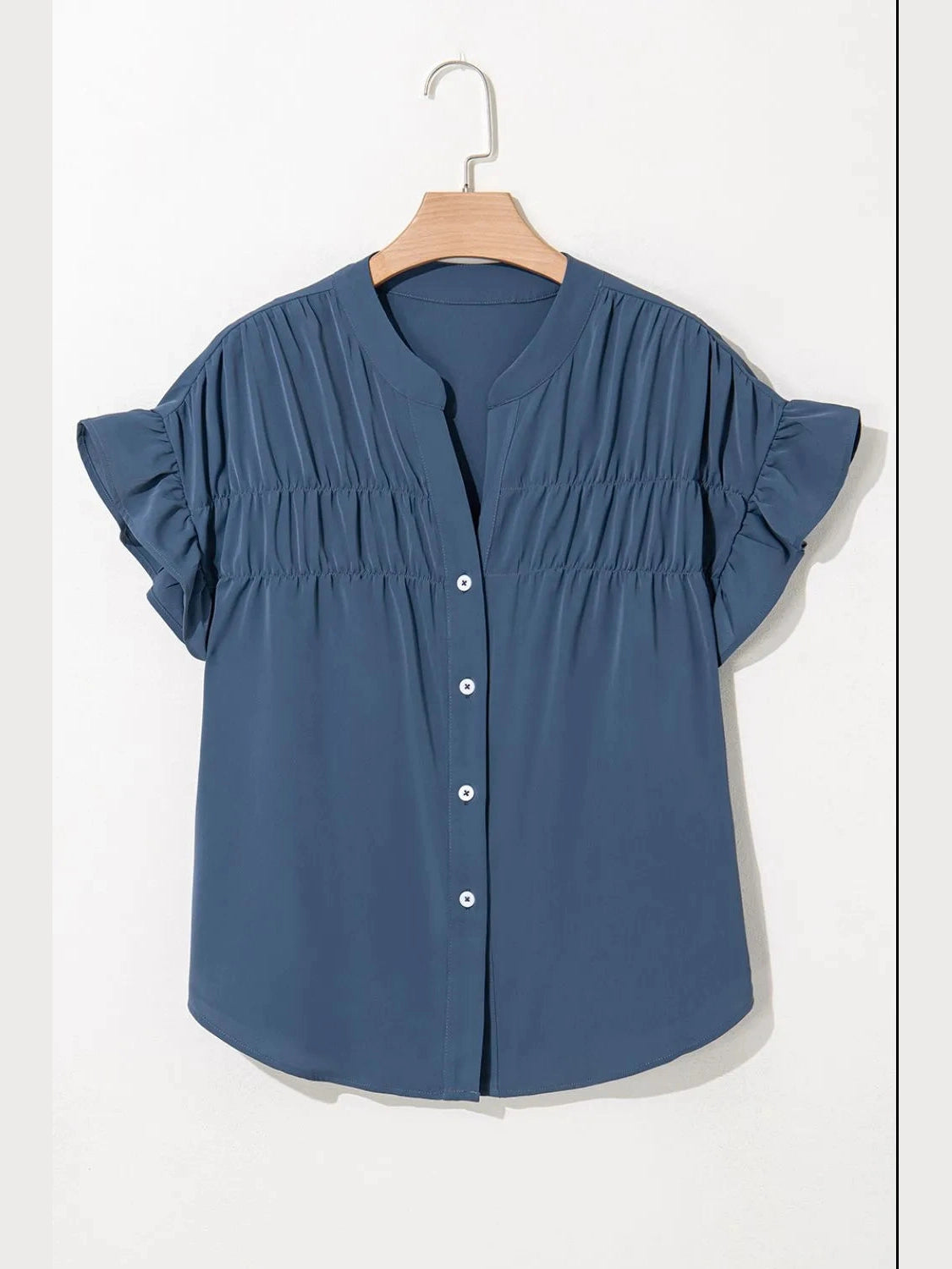 Ruffled Ruched Short Sleeve Button Down Shirt