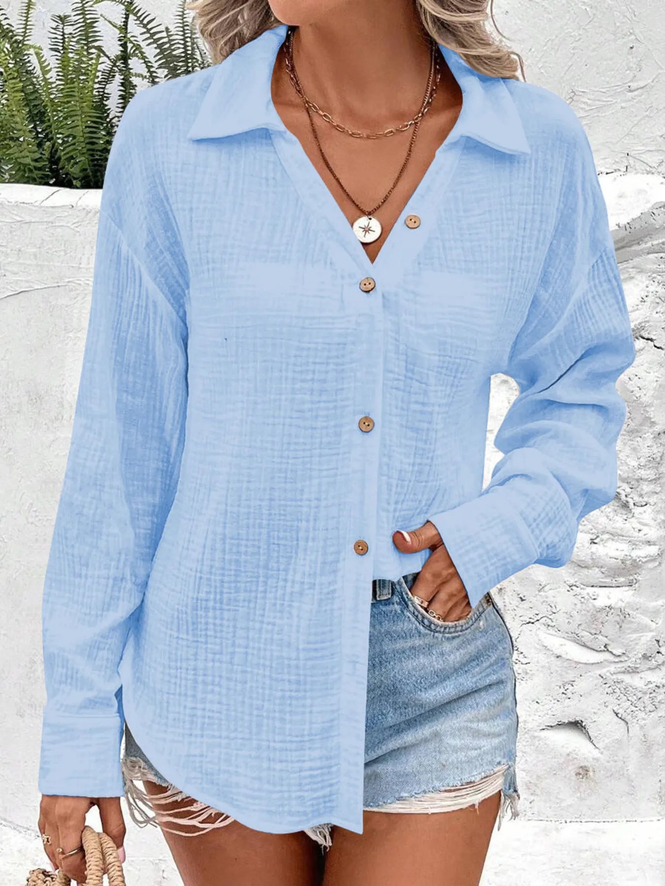 Texture Button Down Side Slit Long Sleeve Shirt NicholesGifts