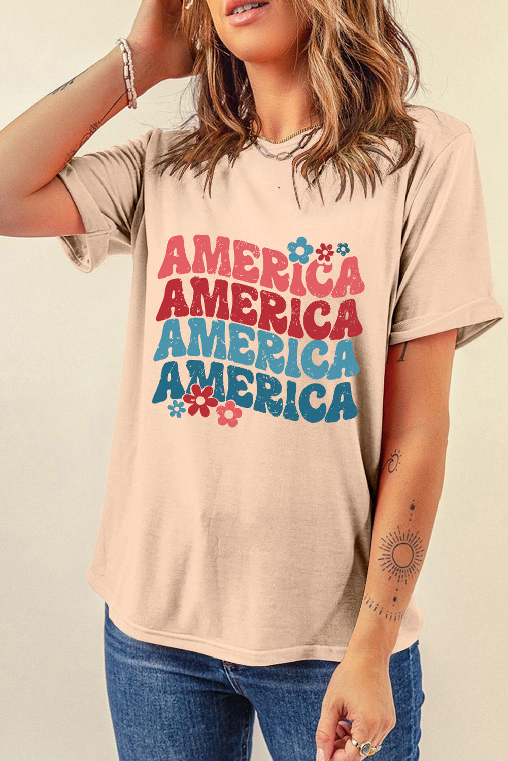 Women America Round Neck Short Sleeve T-Shirt nicholesgifts