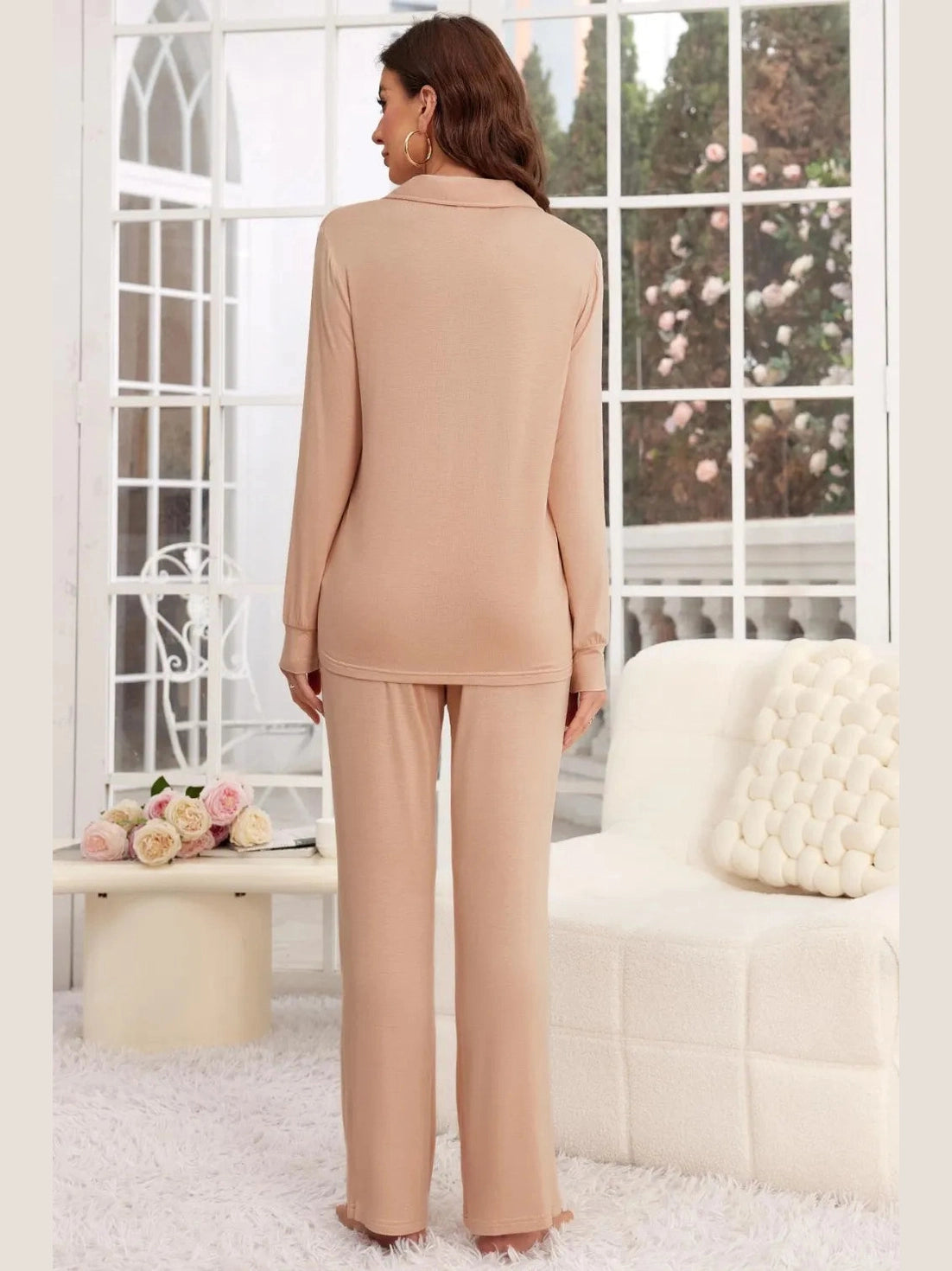 Button Up Long Sleeve Top and Pants Lounge Set nicholesgifts