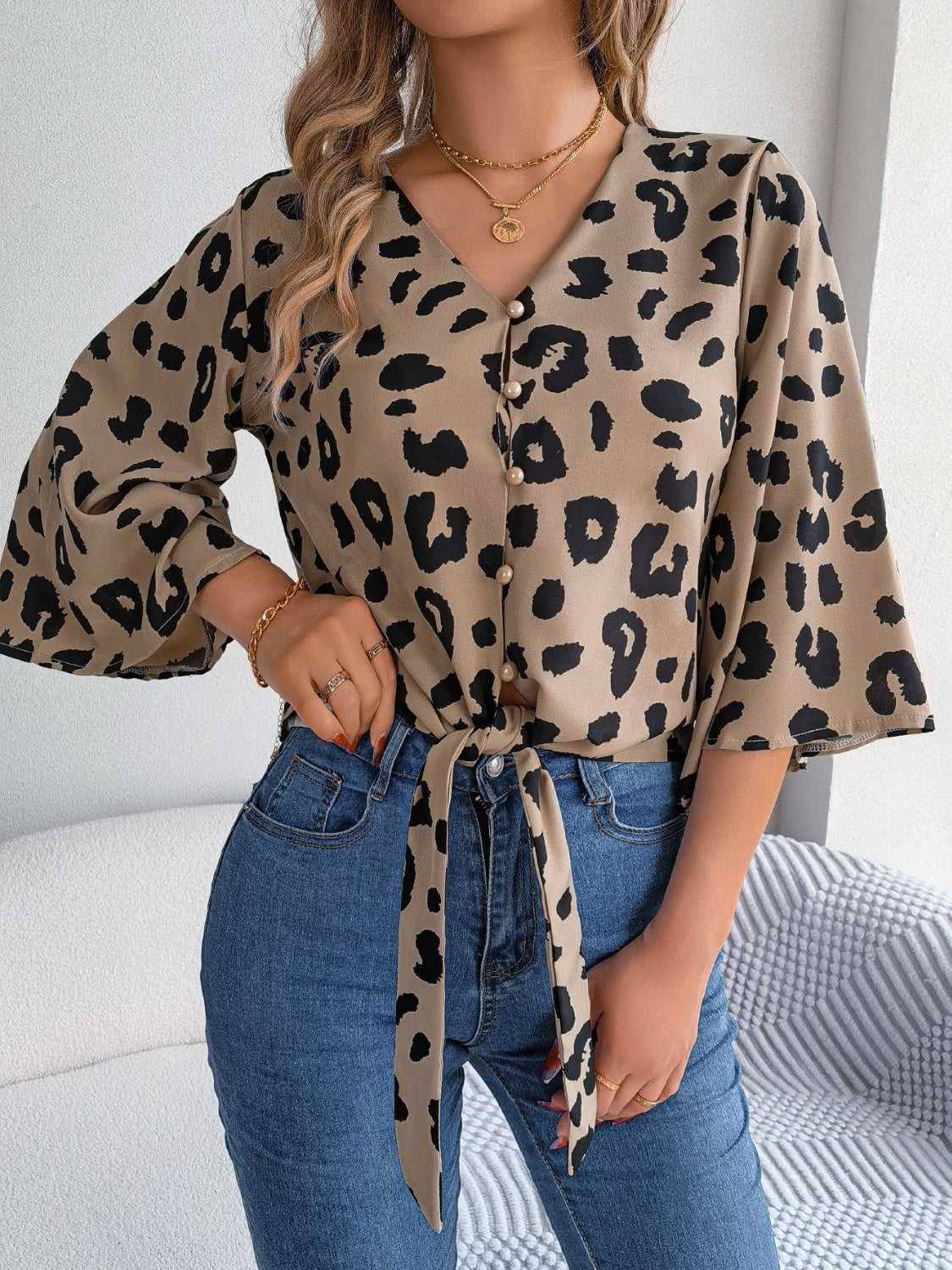 Tied Button Up Leopard V-Neck Blouse nicholesgifts