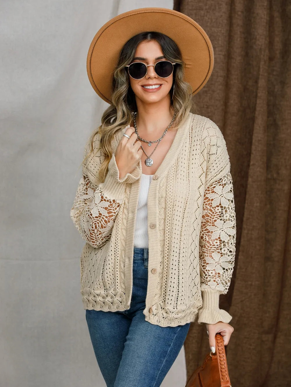 Eyelet Button Up Lantern Sleeve Cardigan nicholesgifts