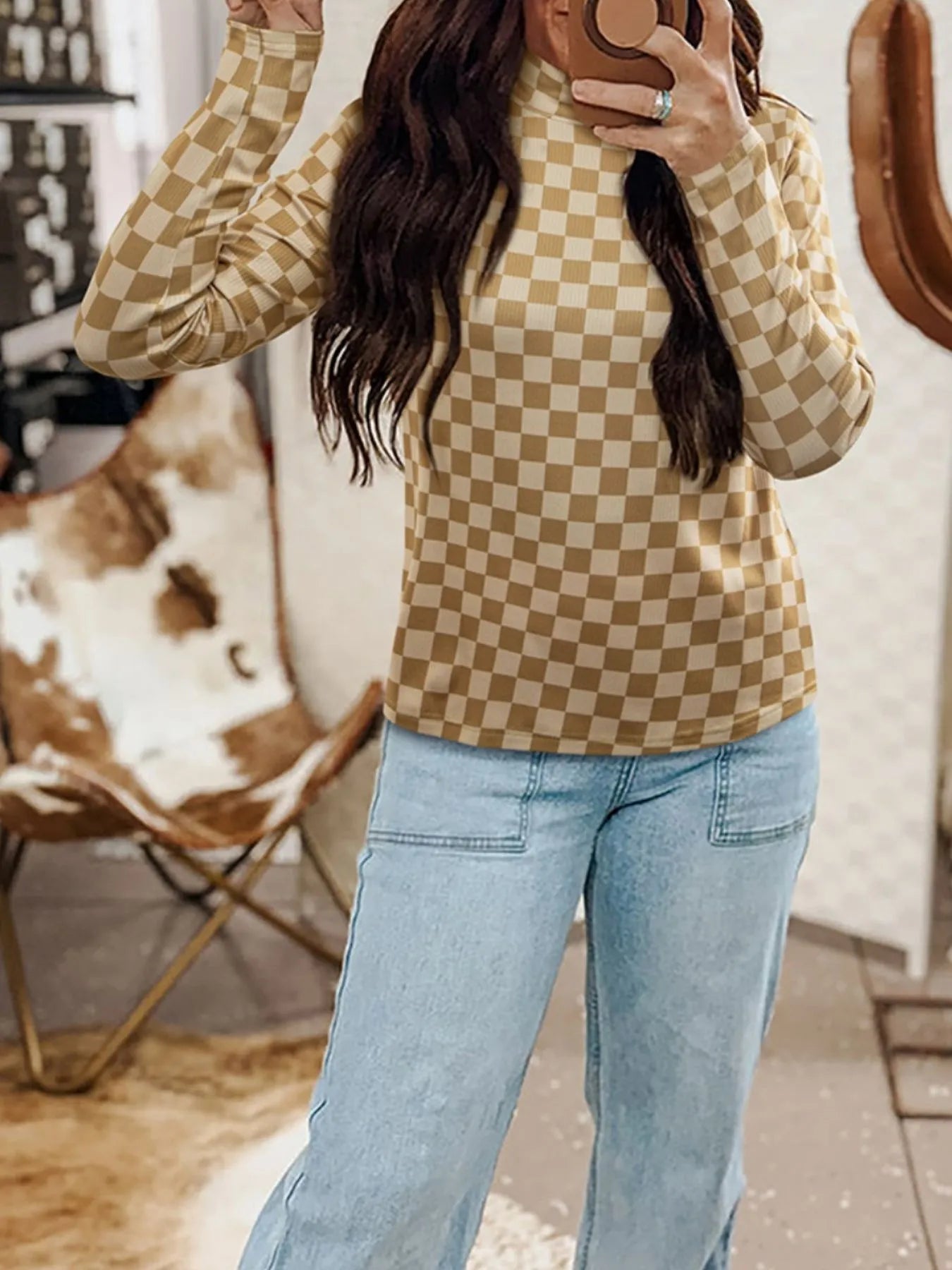 Check Pattern Turtleneck Slim Long Sleeve Tee Trendsi