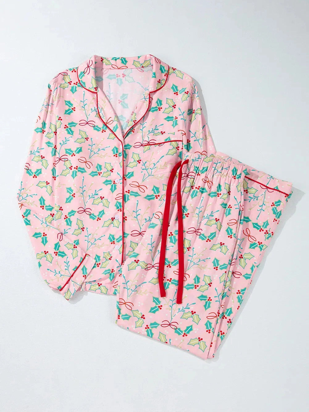 Printed Collared Neck Long Sleeve Top and Pants Lounge Set nicholesgifts
