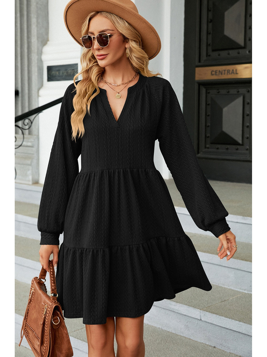 Ruched Notched Long Sleeve Mini Dress nicholesgifts