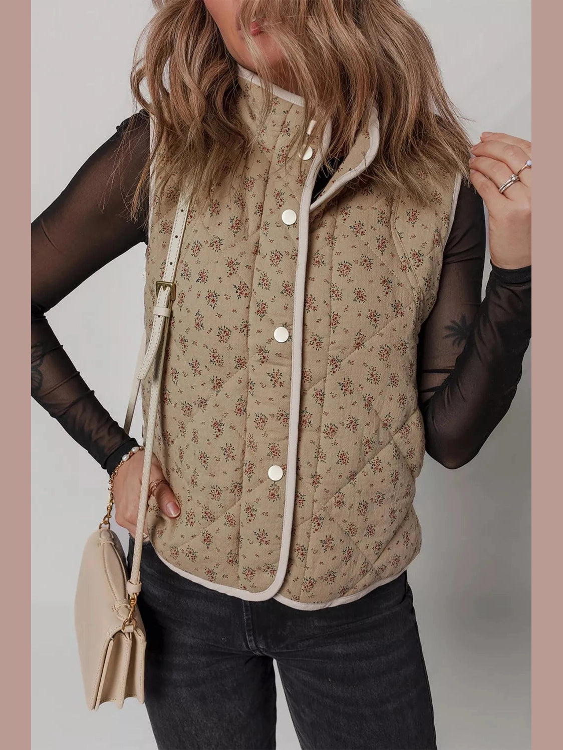 Floral Print Quilted Concealed Button Vest nicholesgifts