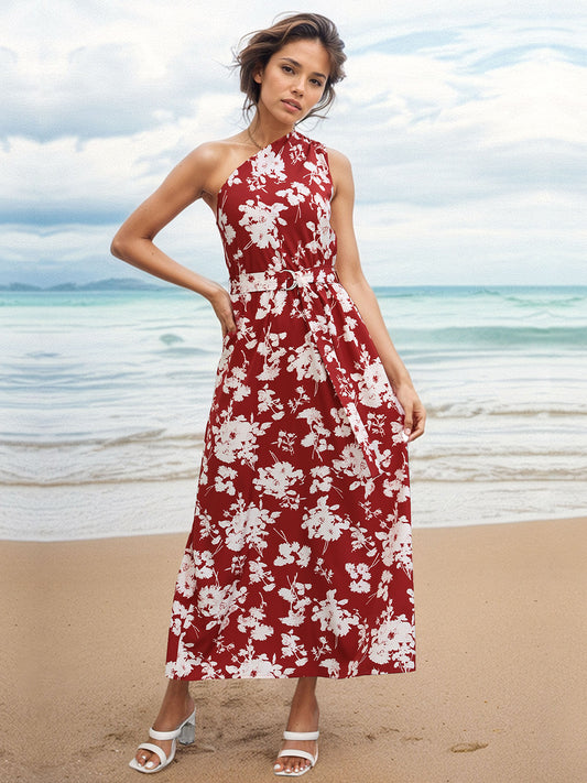 Printed Single Shoulder Sleeveless Dress NicholesGifts