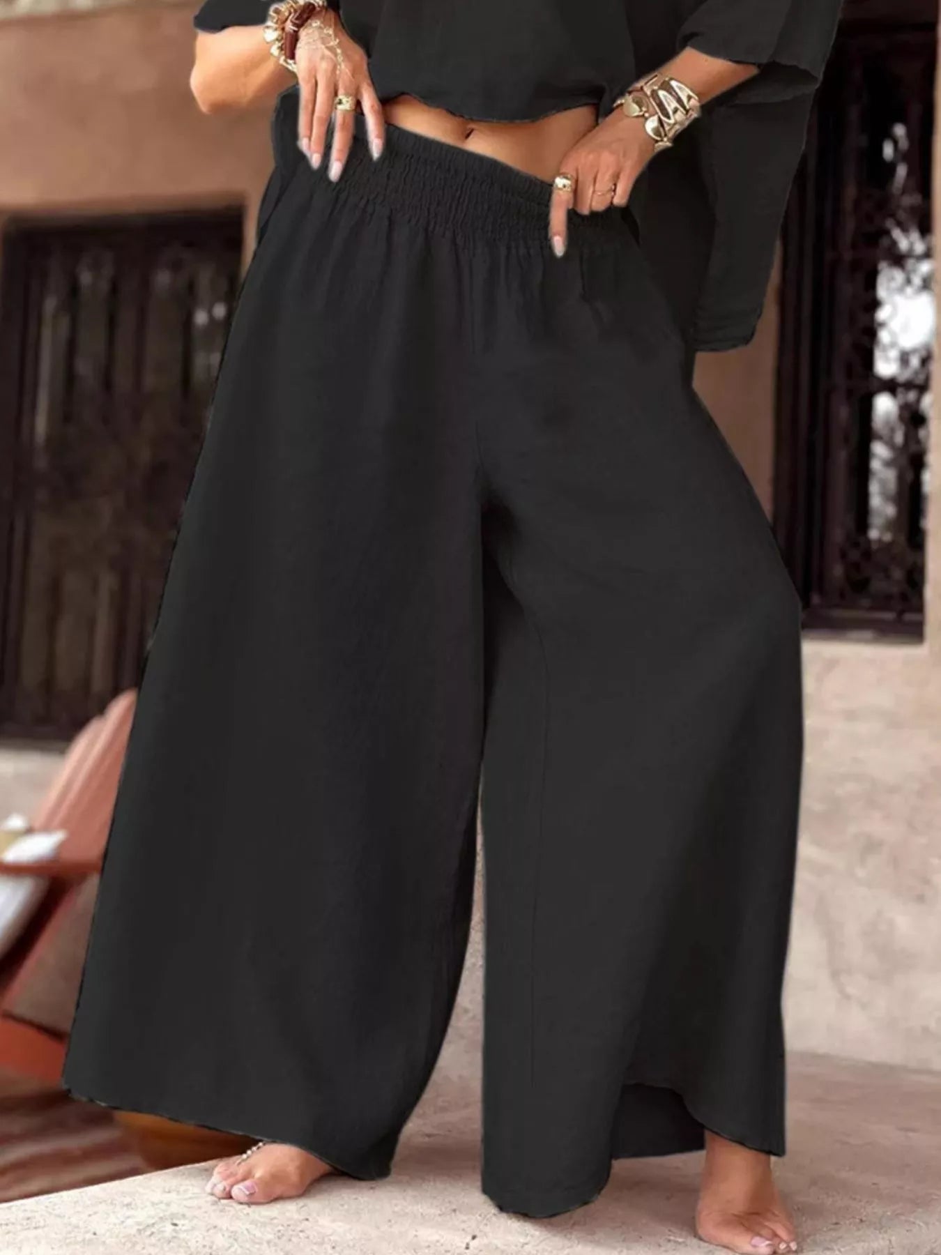 Full Size Boat Neck Top and Wide Leg Pants Set Plus Size Trendsi