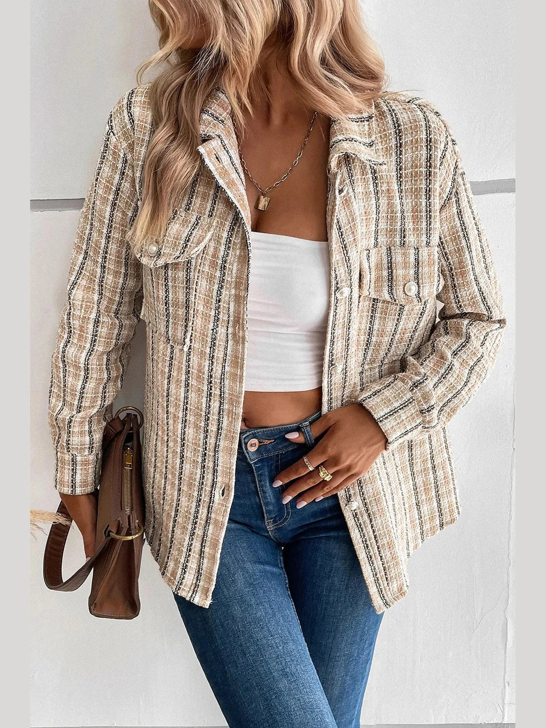 Perfee Pocketed Button Up Collared Neck Jacket nicholesgifts