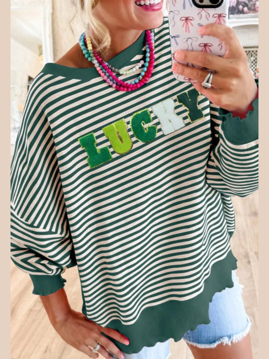 LUCKY Striped Round Neck Long Sleeve Sweatshirt Trendsi