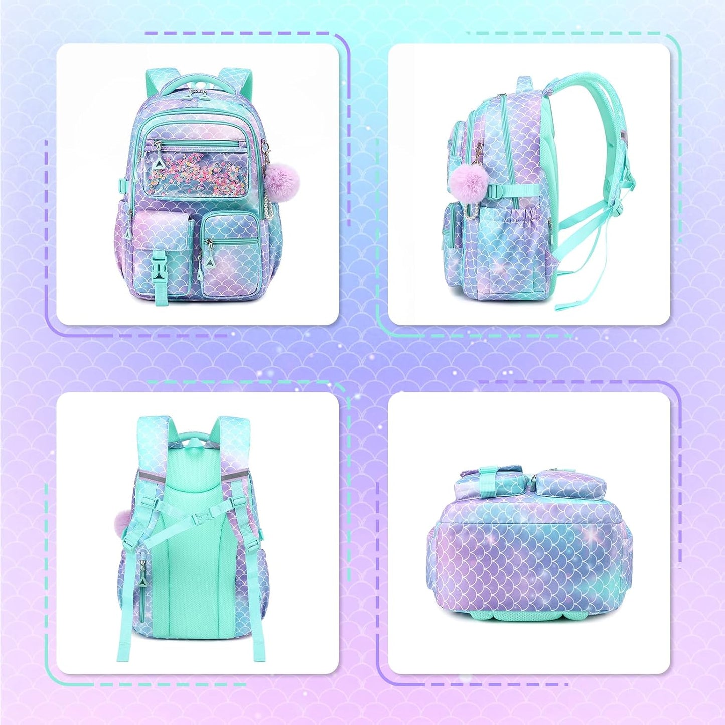 Girls Backpack,School Bag for Kids,Primary,Elementary,Teen Ages 6-15 Girls Bookbag,Students Kawaii Backpack Blue Mermaid