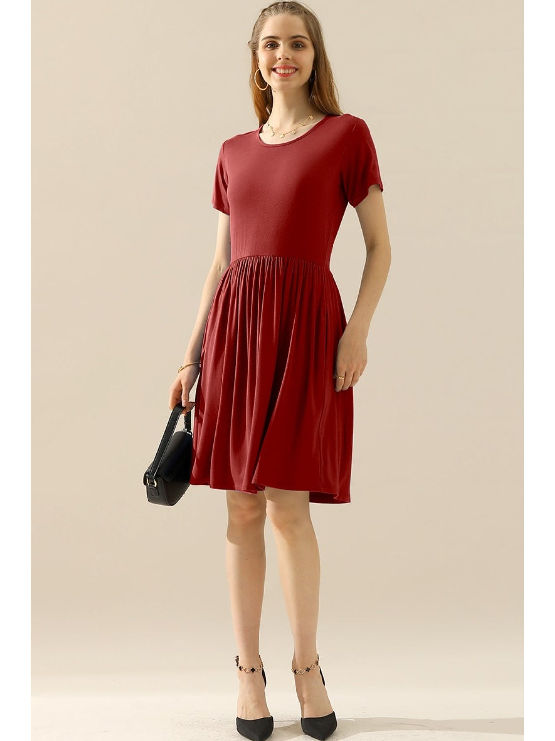 Ninexis Full Size Round Neck Ruched Dress with Pockets nicholesgifts