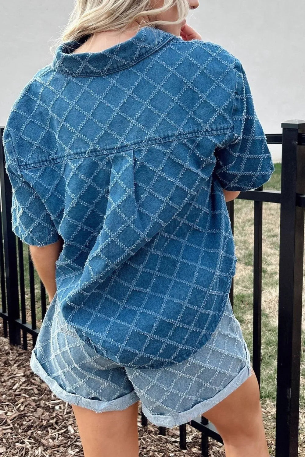 Pocketed Collared Neck Short Sleeve Denim Shirt Trendsi