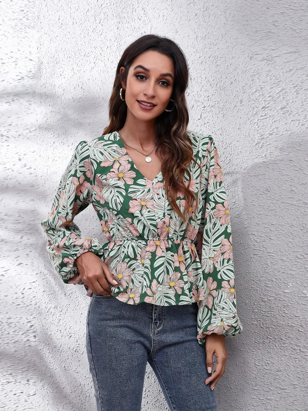 Floral V-Neck Balloon Sleeve Peplum Blouse nicholesgifts