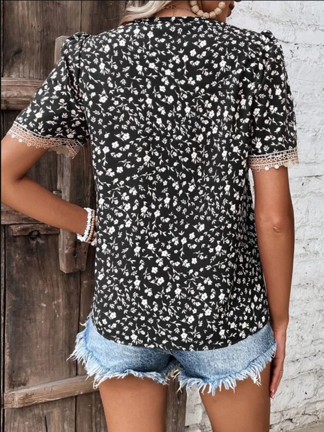 Women Full Size Printed V-Neck Short Sleeve Blouse nicholesgifts