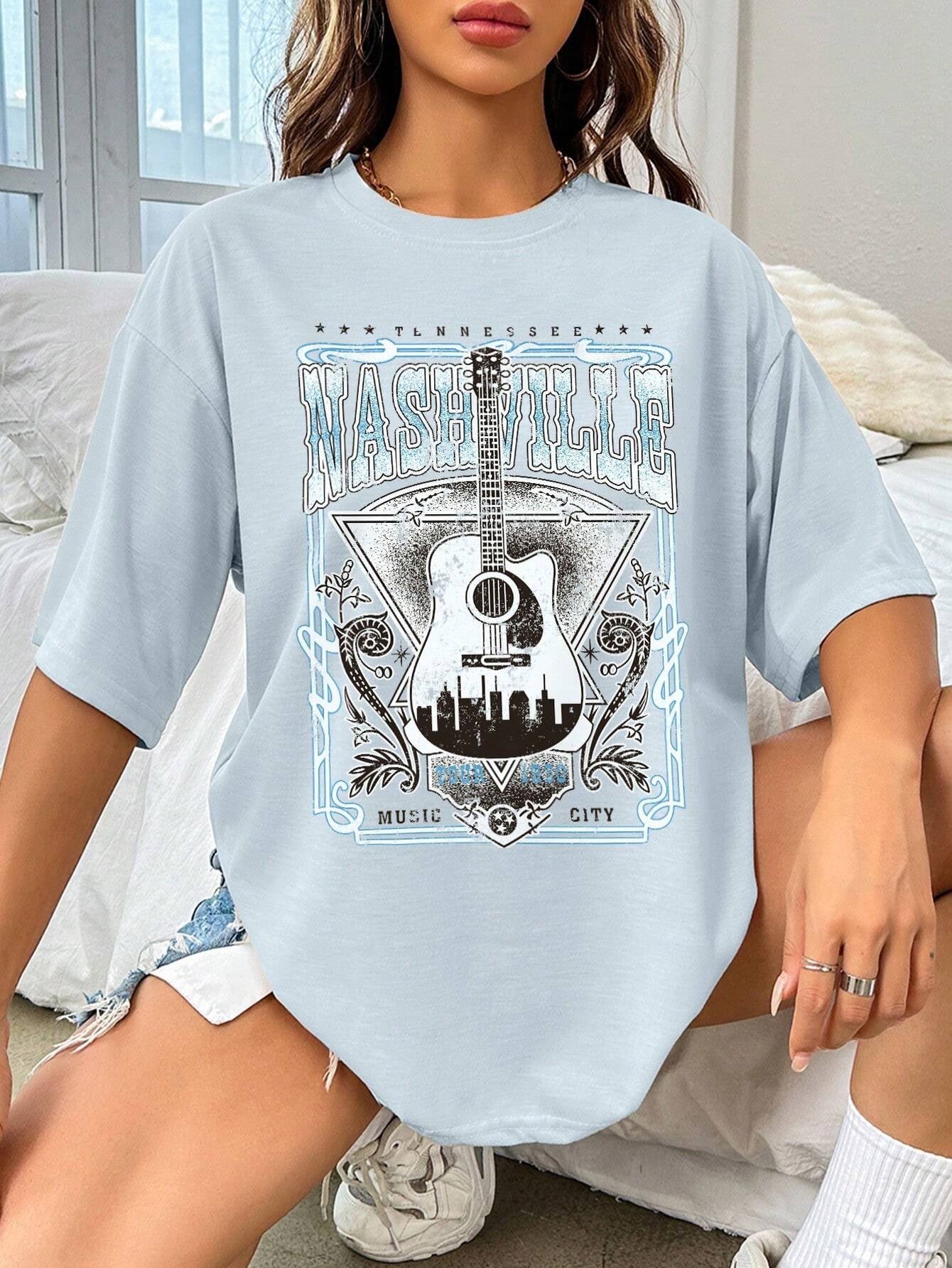 Women Guitar Graphic Round Neck Half Sleeve Nashville T-Shirt - Nicholesgifts.online