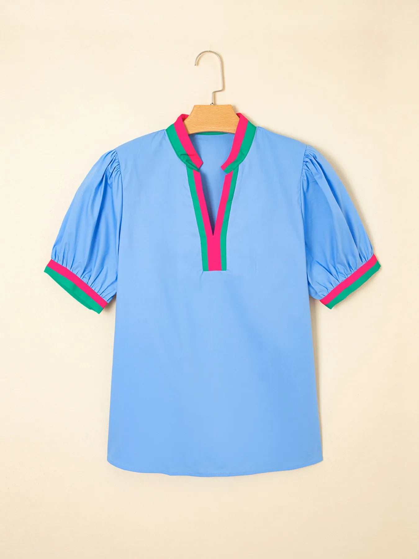 Contrast Trim Notched Short Sleeve Blouse NicholesGifts