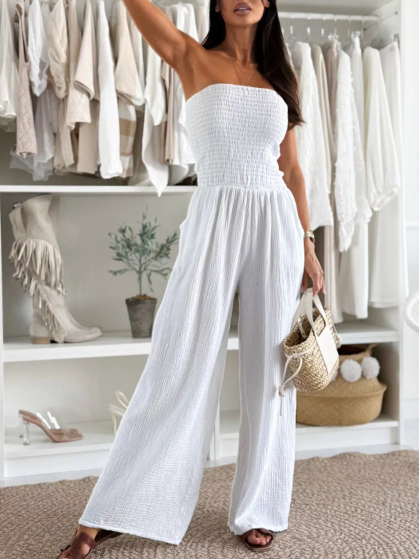 Smocked Tube Wide-Leg Jumpsuit nicholesgifts