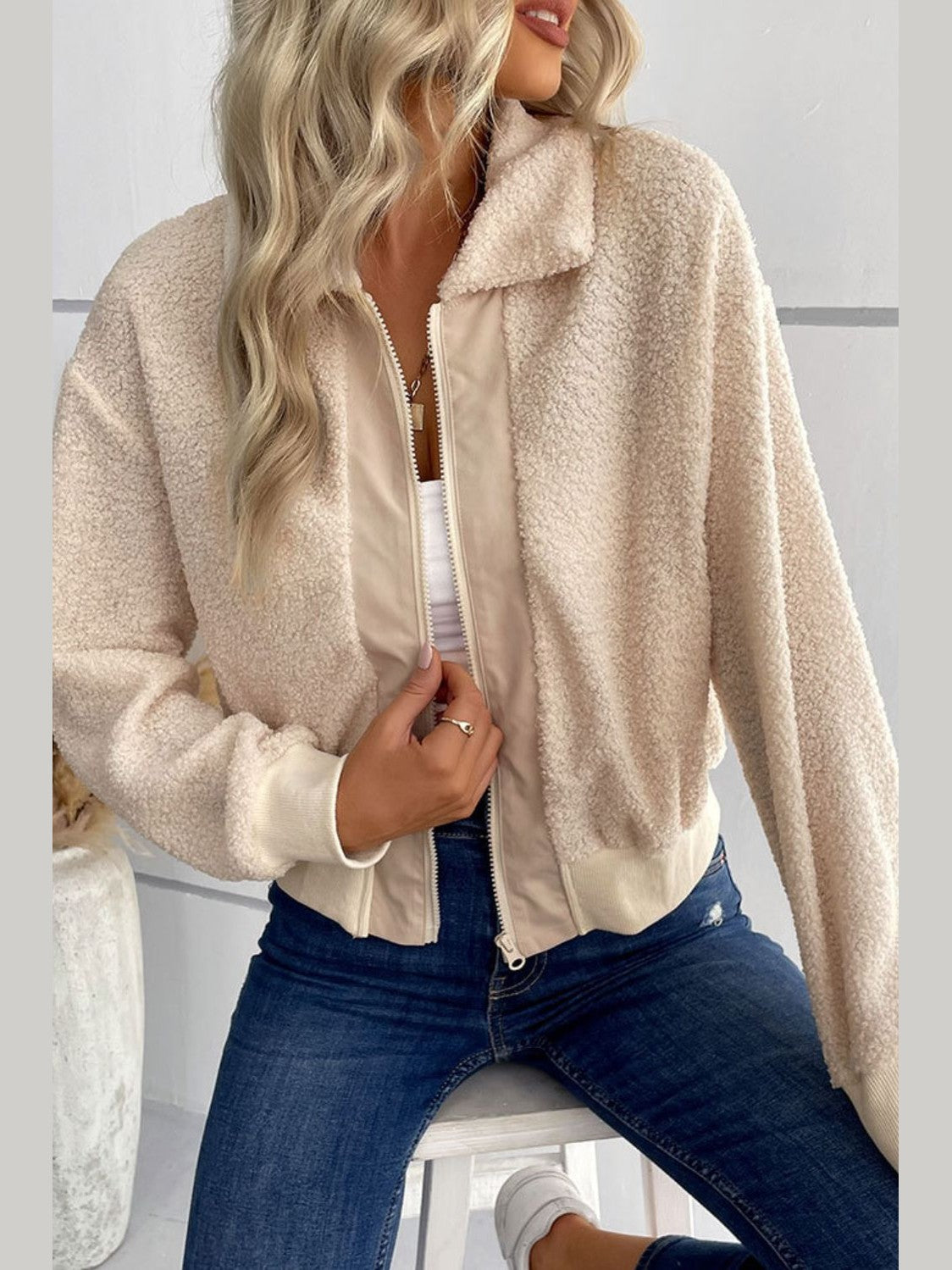 Perfee Zip-Up Sherpa Collared Neck Jacket with Pockets nicholesgifts