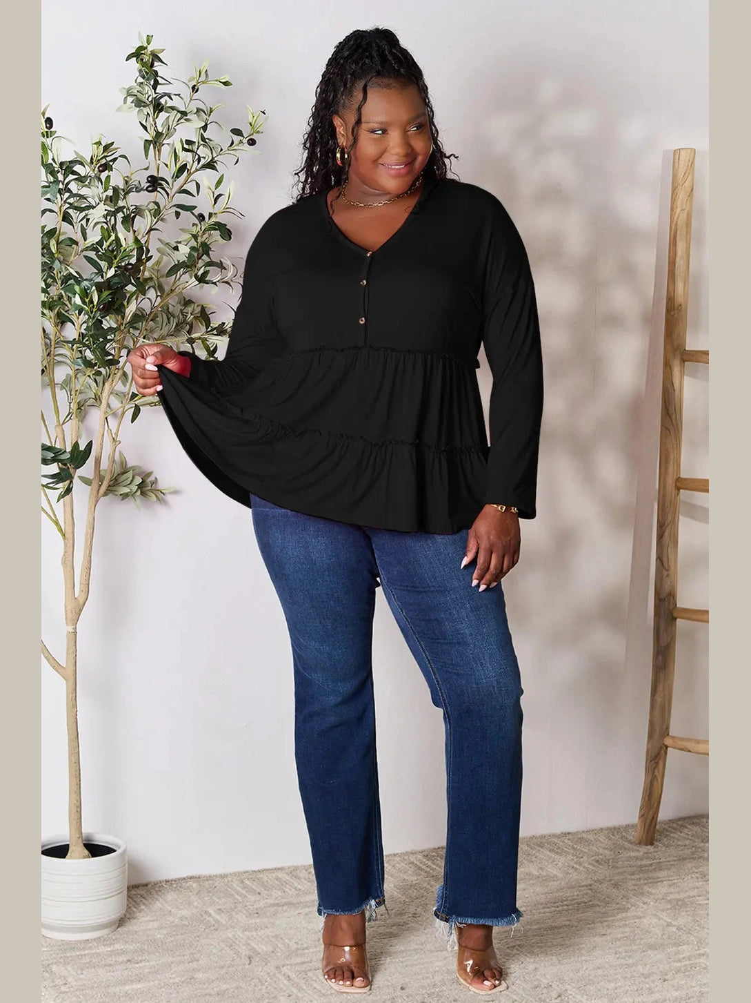 Double Take Half Button Long Sleeve Ruffle Hem Blouse nicholesgifts