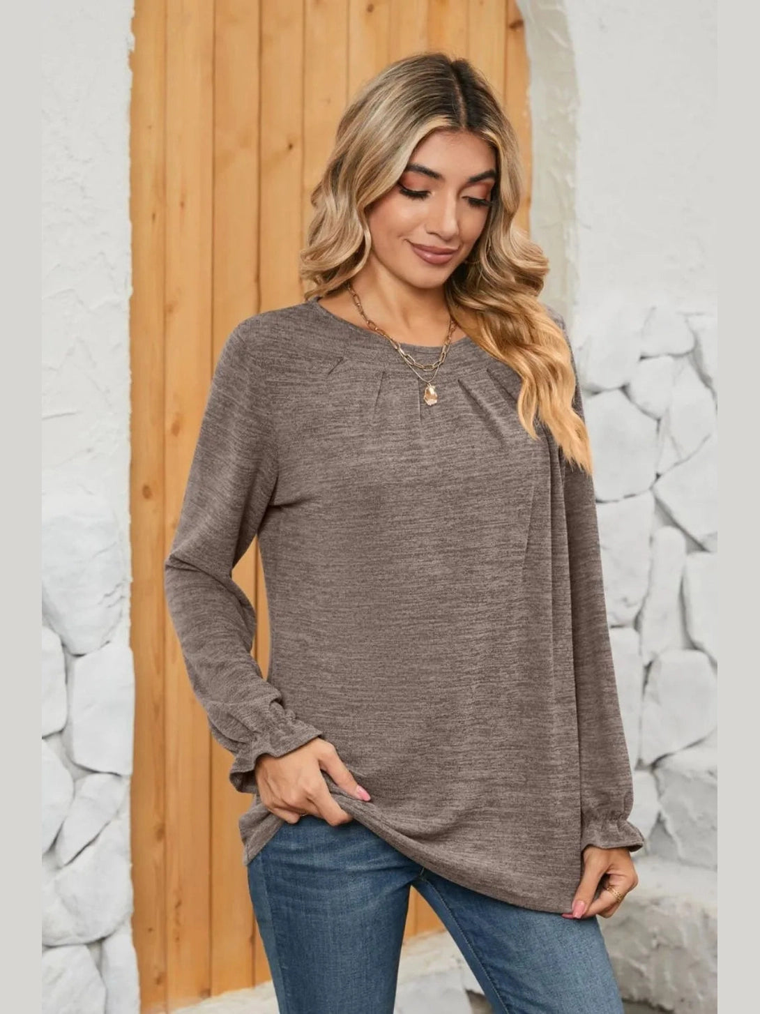 Ruched Round Neck Flounce Sleeve T-Shirt NicholesGifts