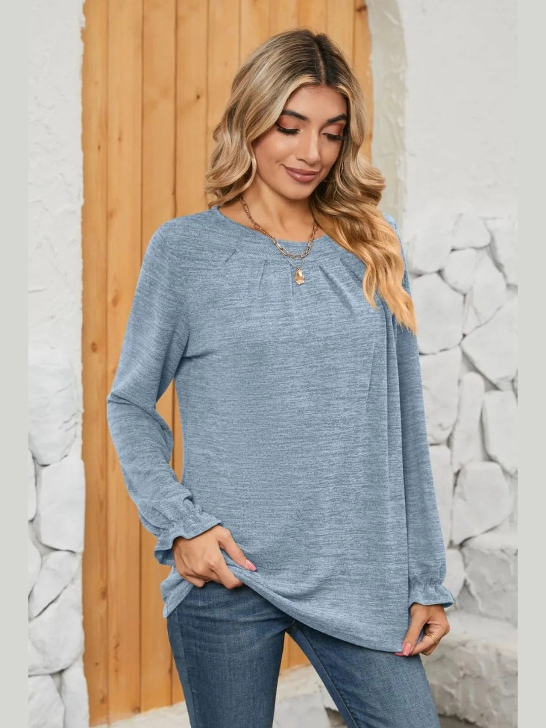 Ruched Round Neck Flounce Sleeve T-Shirt NicholesGifts