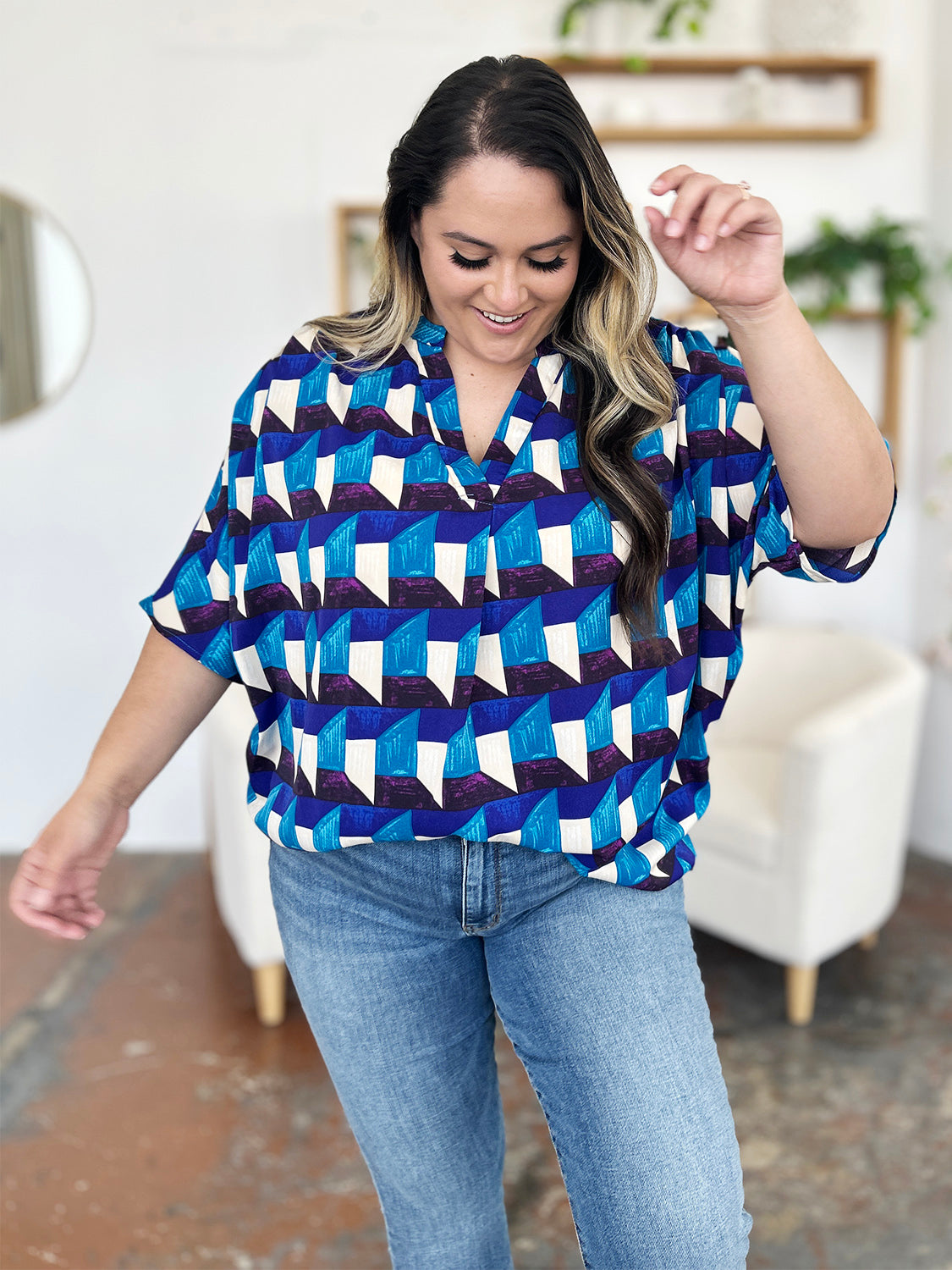 Double Take Full Size Geometric Notched Half Sleeve Blouse nicholesgifts