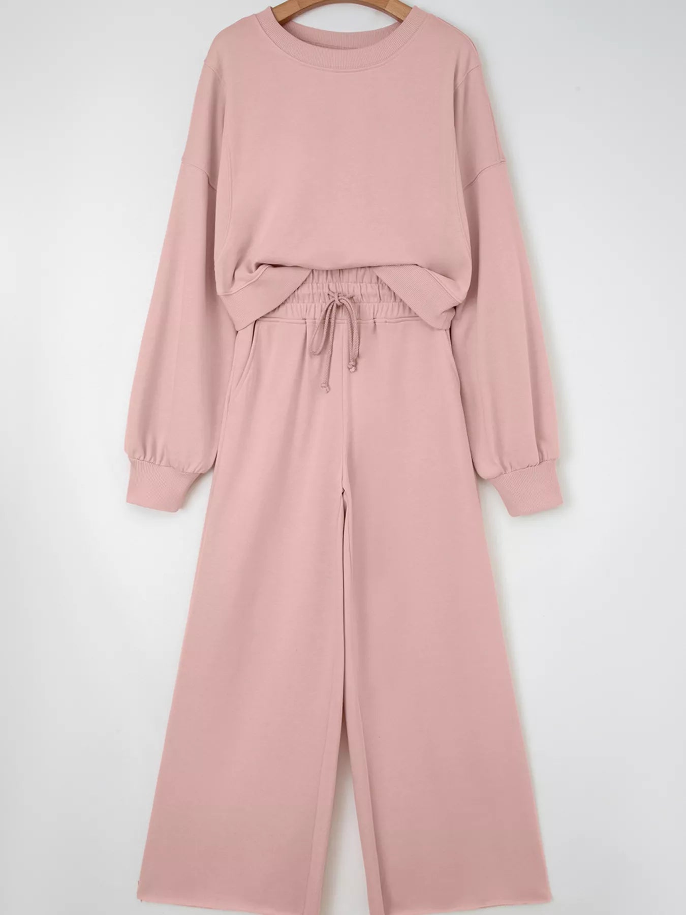 Drop Shoulder Puff Sleeve Crop Top and Drawstring Wide Leg Pants Set Trendsi