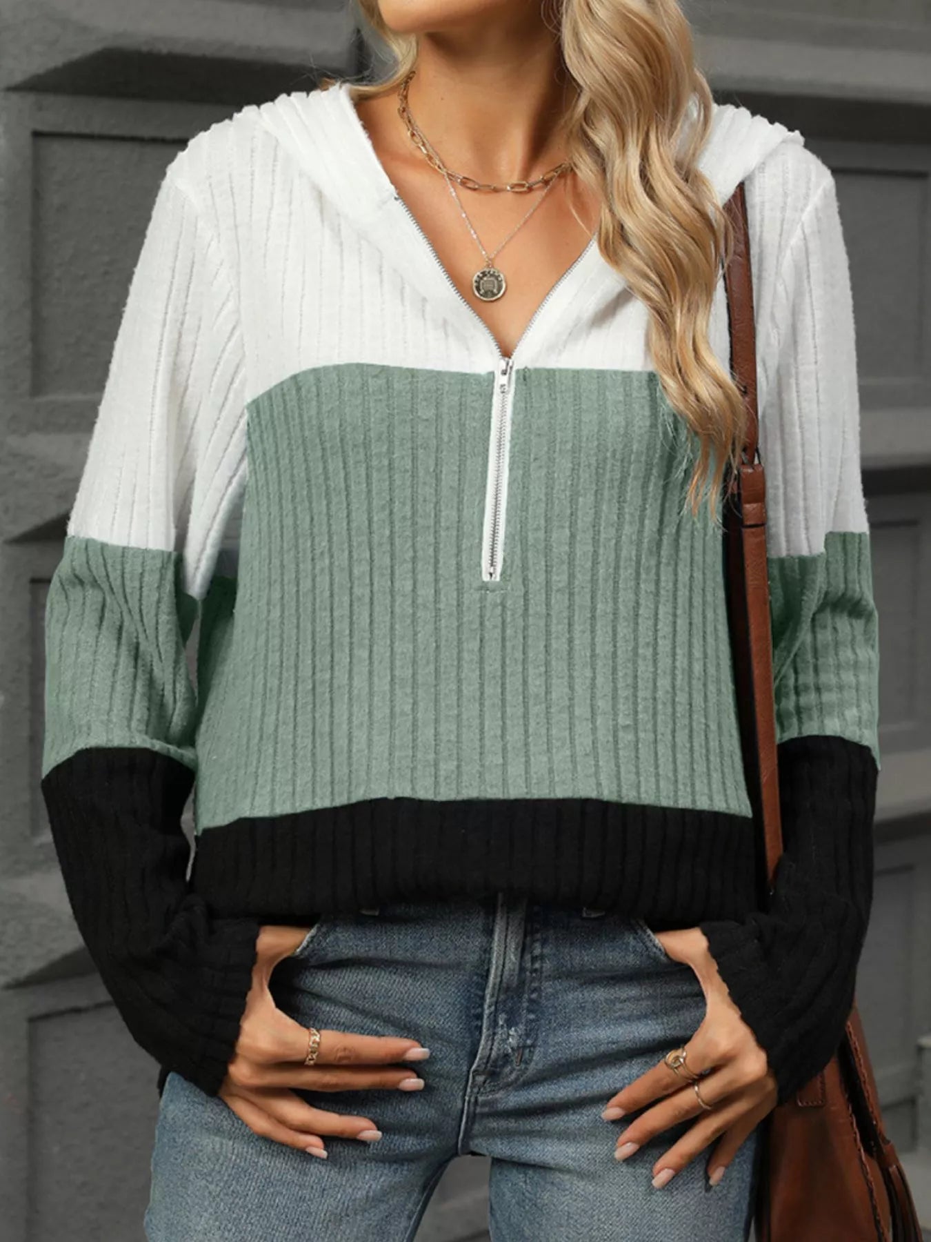 Color Block Half Zip Hooded Top Trendsi