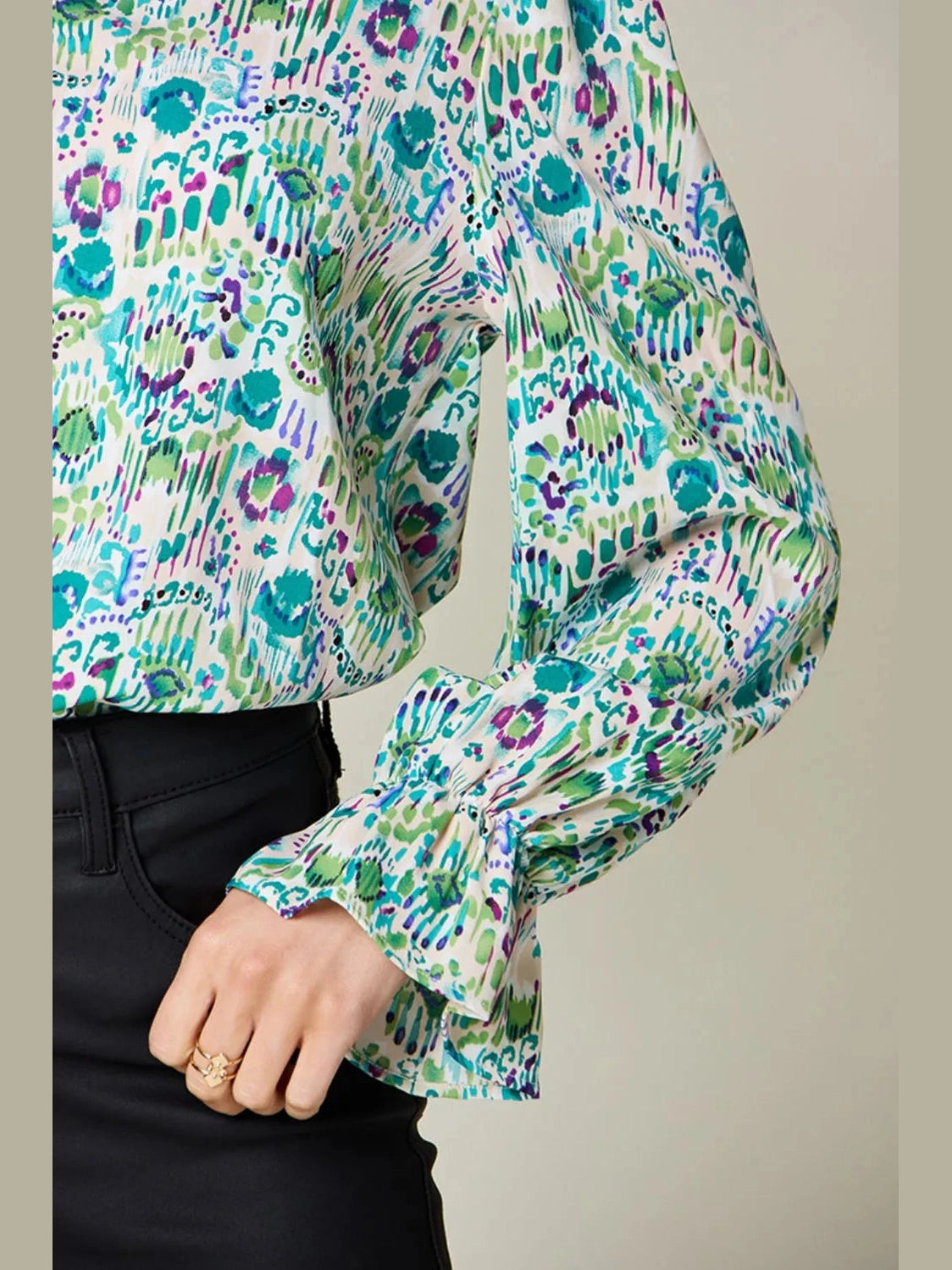 Double Take Full Size Printed Flounce Sleeve Blouse