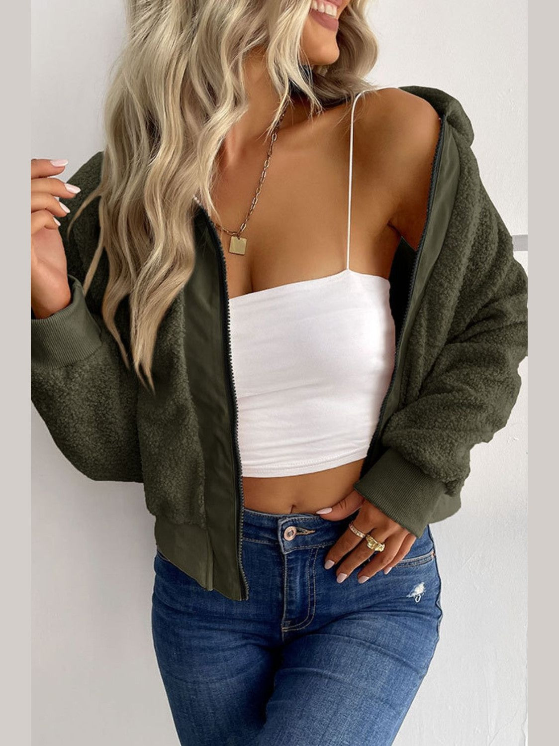 Perfee Zip-Up Sherpa Collared Neck Jacket with Pockets nicholesgifts
