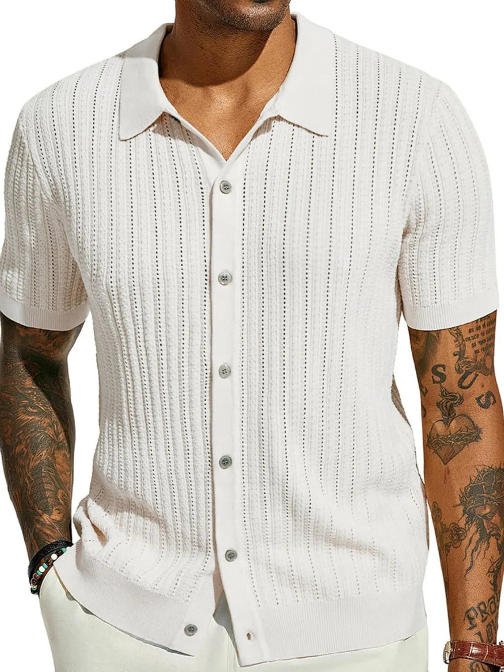 Men's Full Size Openwork Button Down Collared Neck Shirt Plus Size NicholesGifts