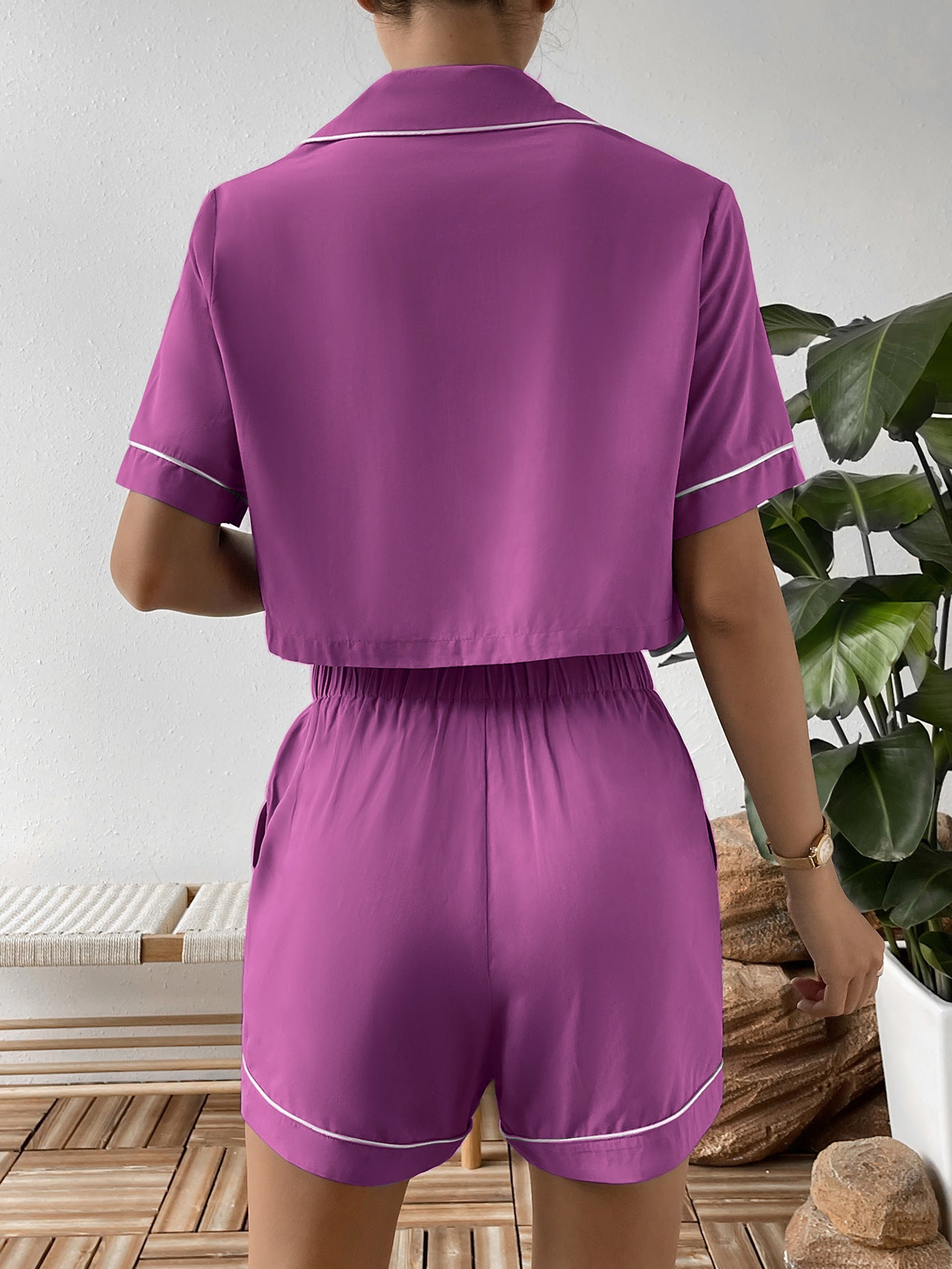 Ivy Lane Contrast Lapel Collar Cropped Shirt and Shorts Lounge Set nicholesgifts