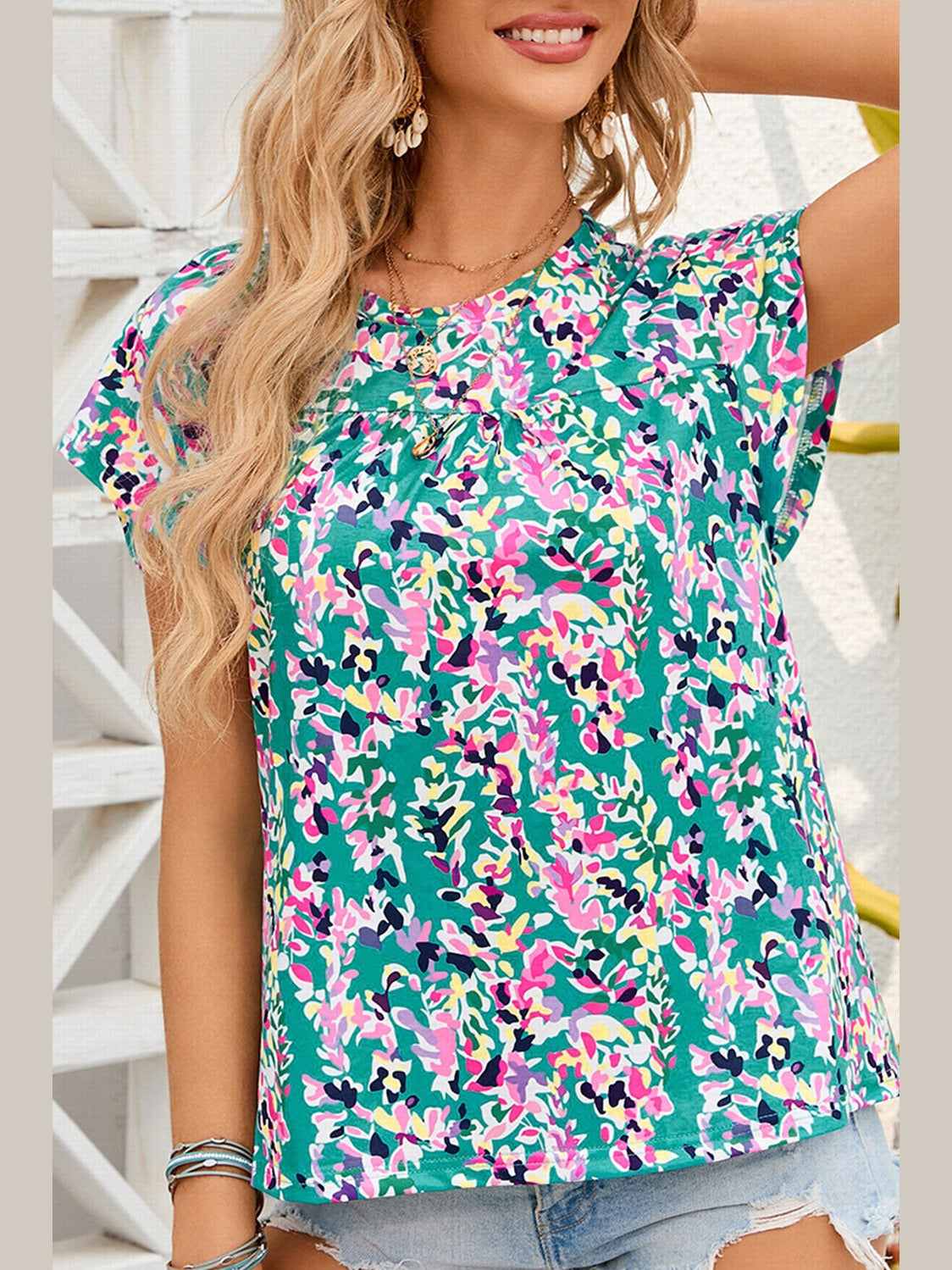 Printed Round Neck Cap Sleeve Blouse nicholesgifts