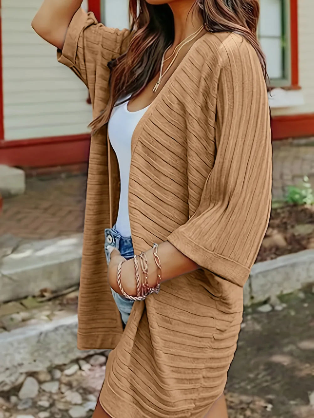 Striped Open Front Knit Cardigan nicholesgifts