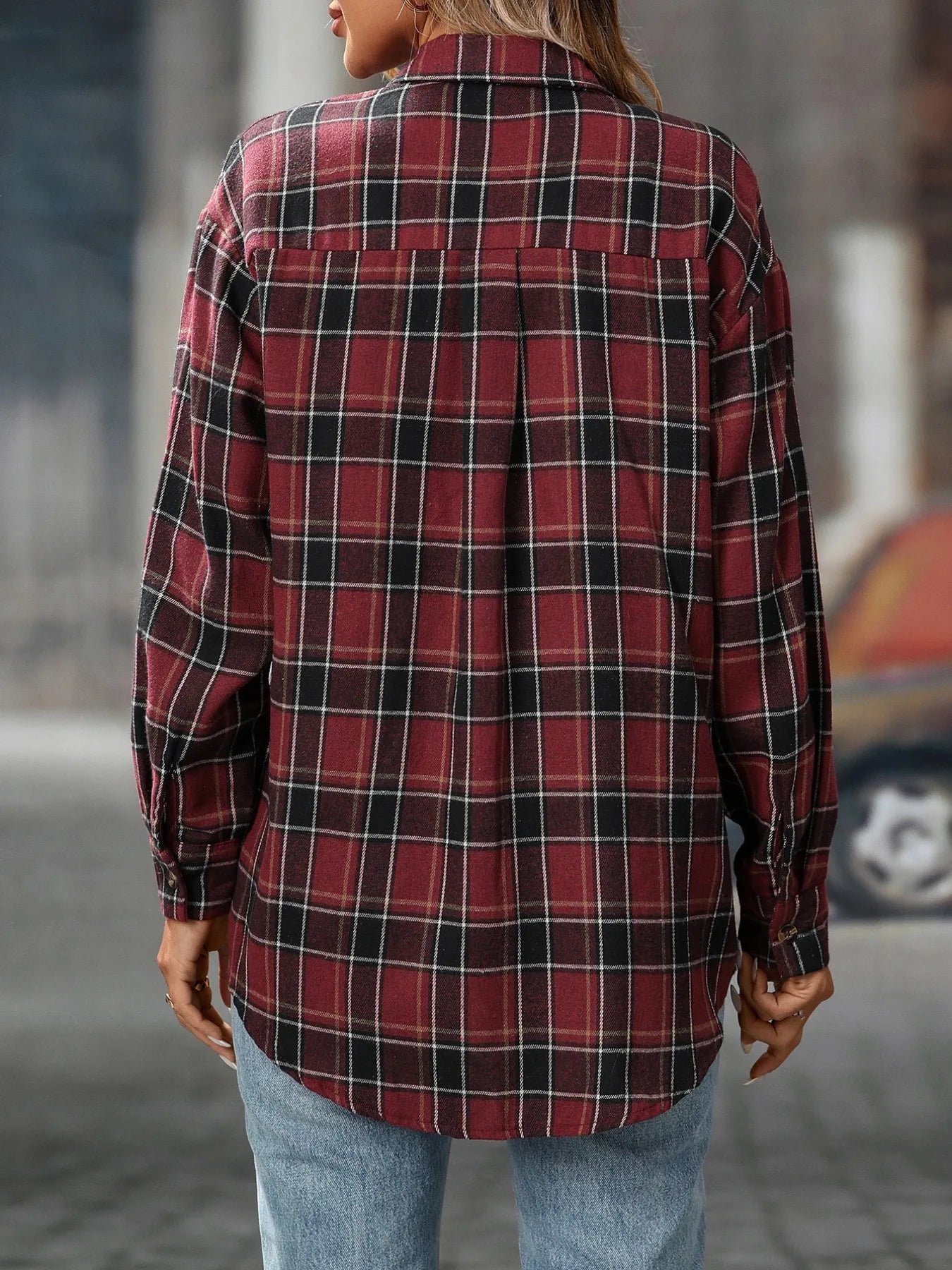 Plaid Button-Down Oversized Shirt Trendsi