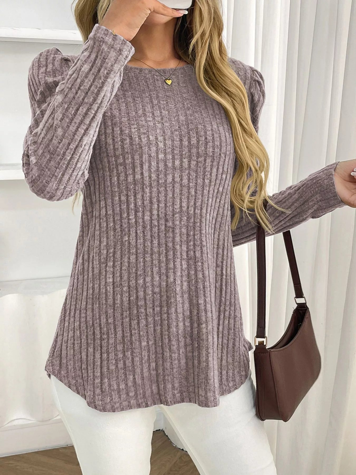 Round Neck Puff Sleeve T-Shirt Trendsi