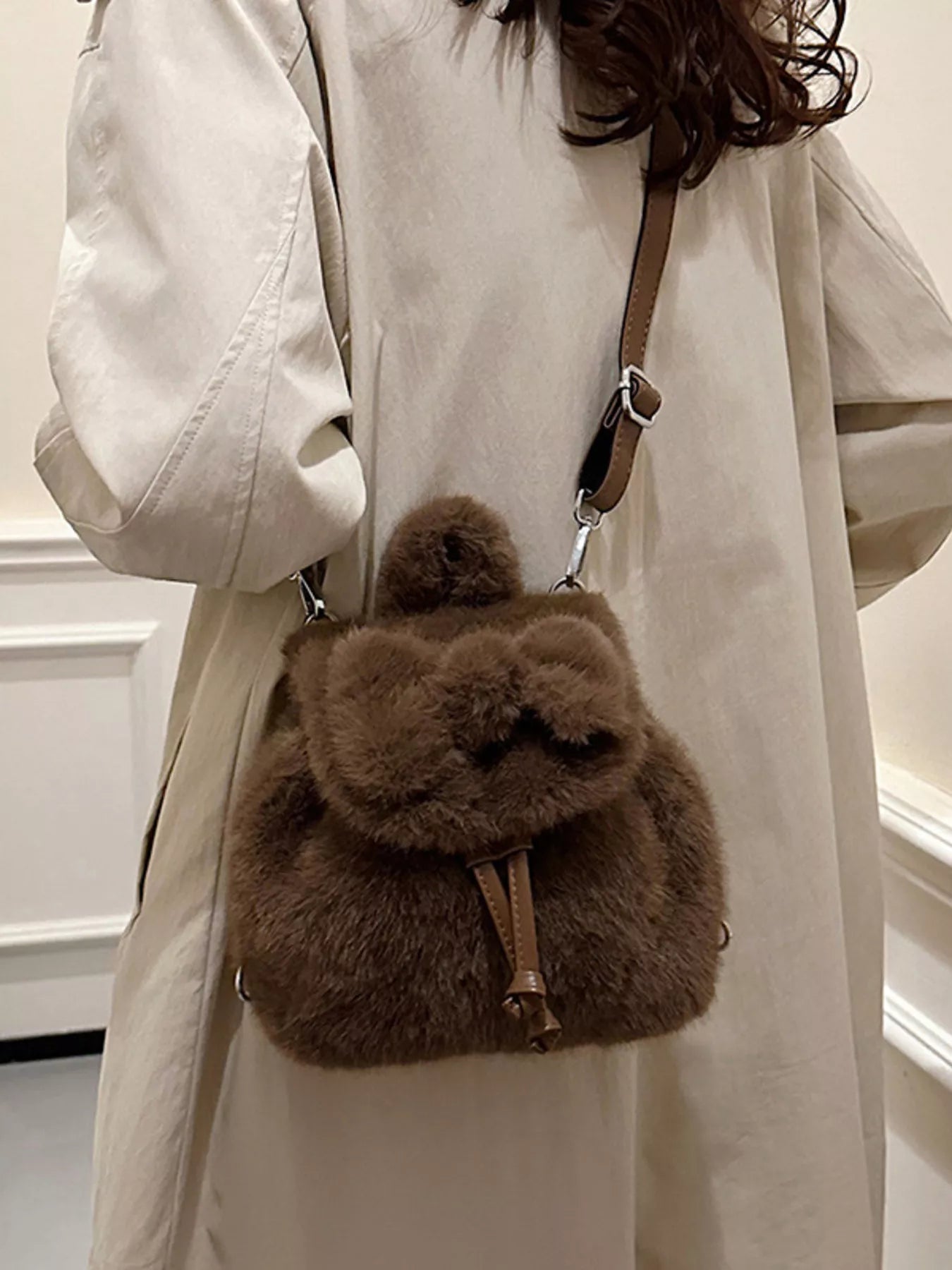 Fuzzy Plush Drawstring Backpack Bag nicholesgifts