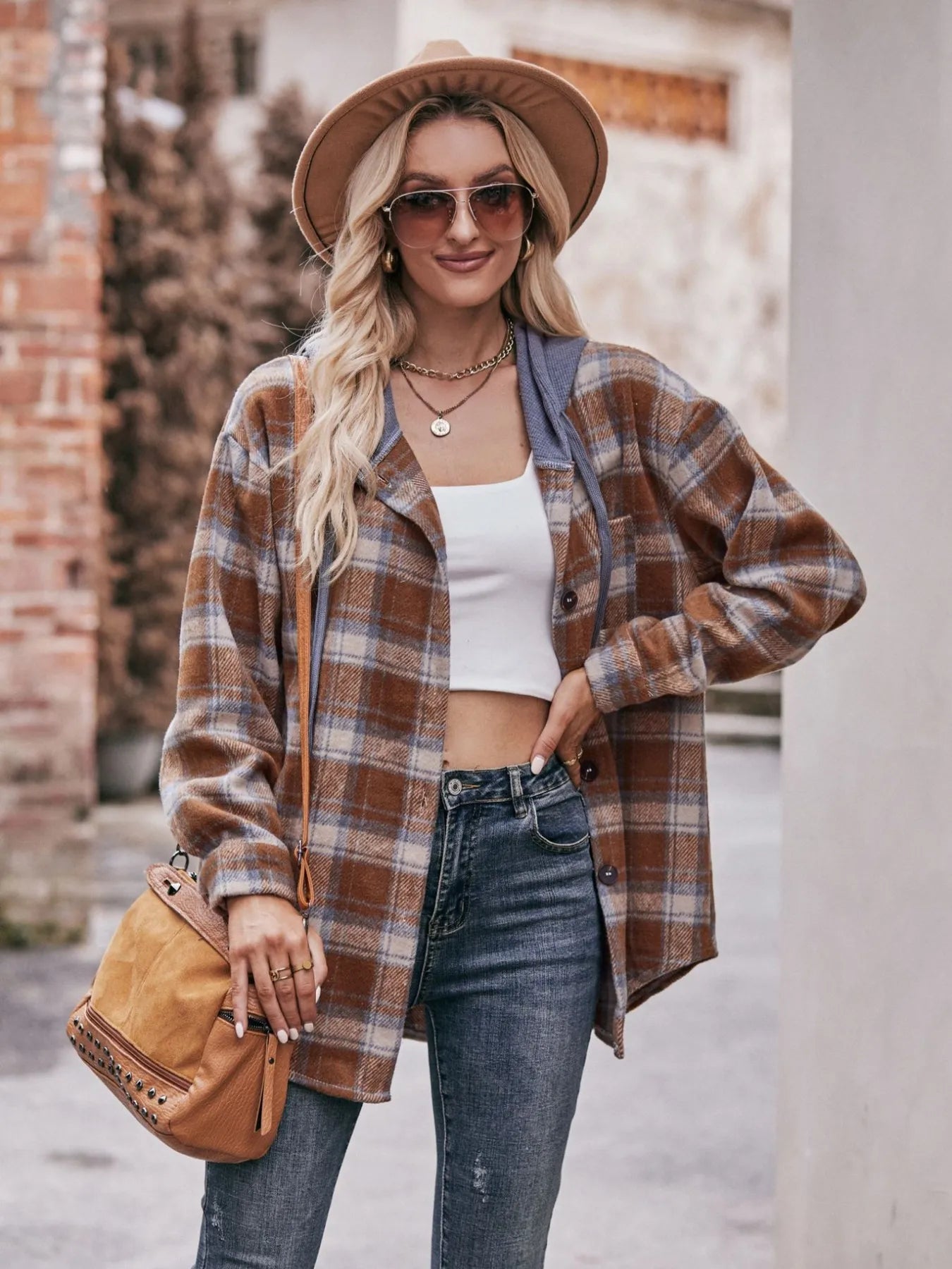 Oversized Plaid Button Up Shacket Trendsi