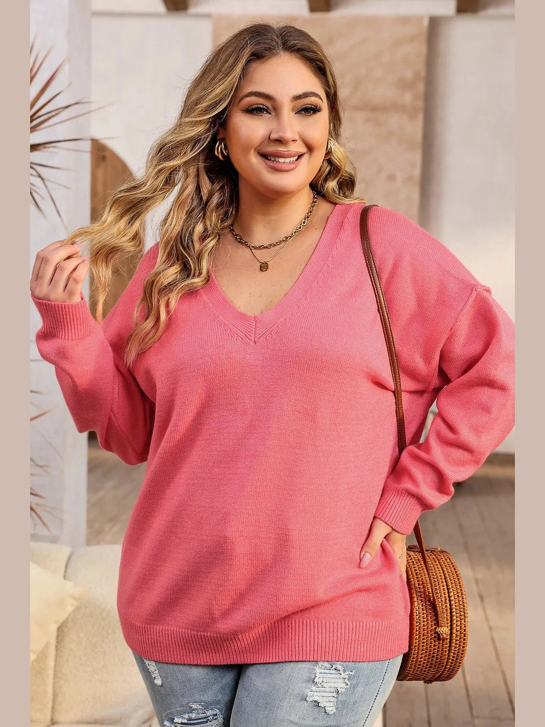 Plus Size V-Neck Dropped Shoulder Sweater Trendsi