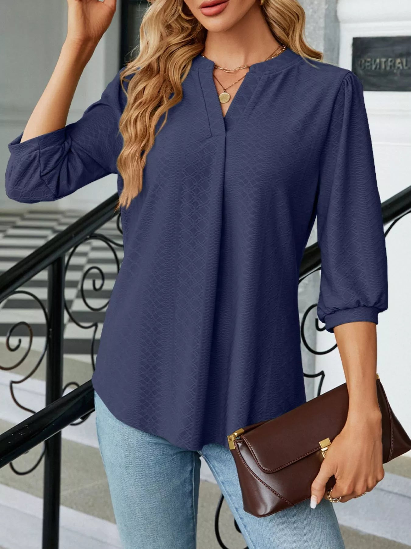 Notched 3/4 Sleeve Casual Top Trendsi