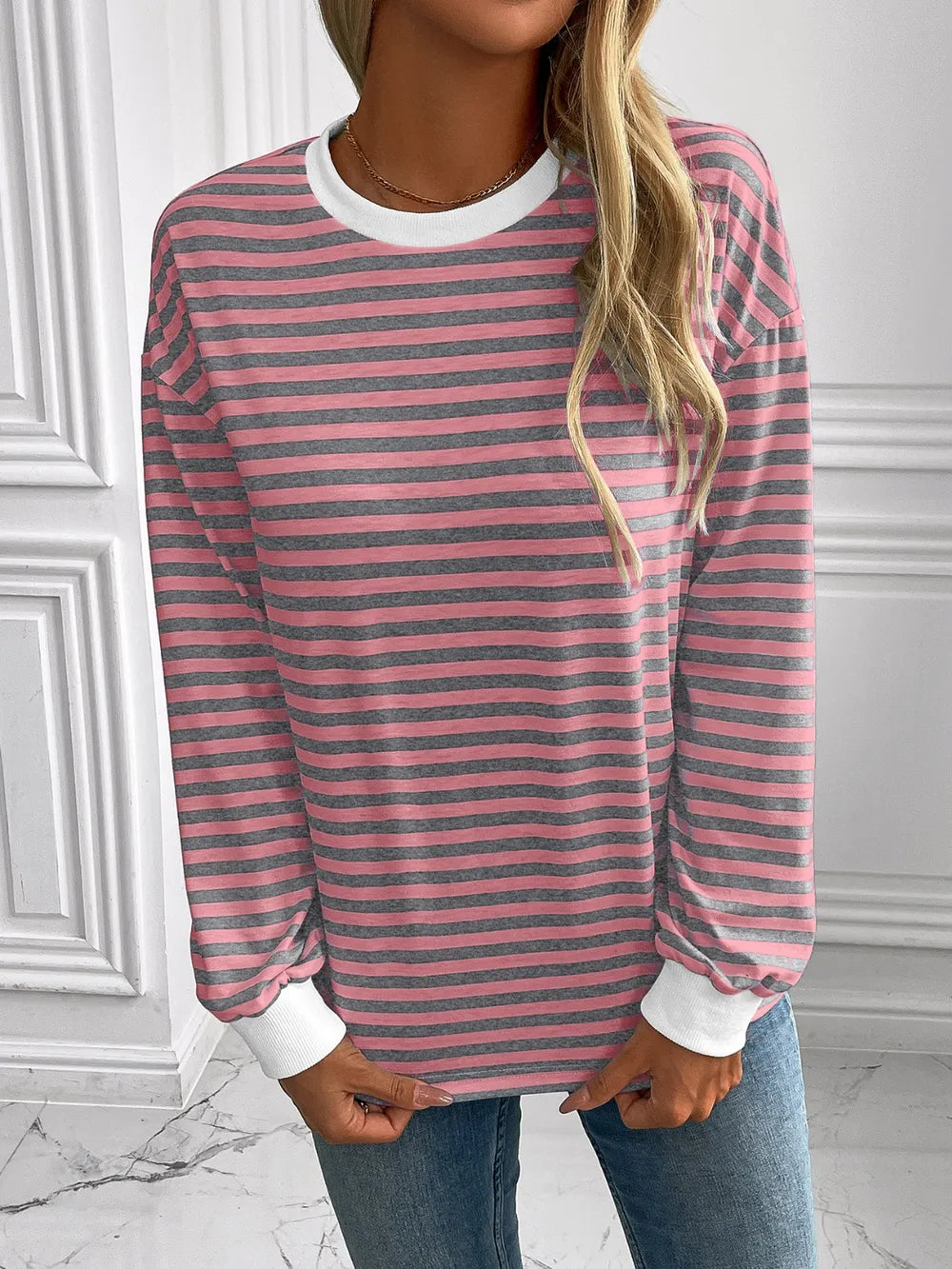 Ivy Lane Striped Round Neck Long Sleeve Sweatshirt Trendsi