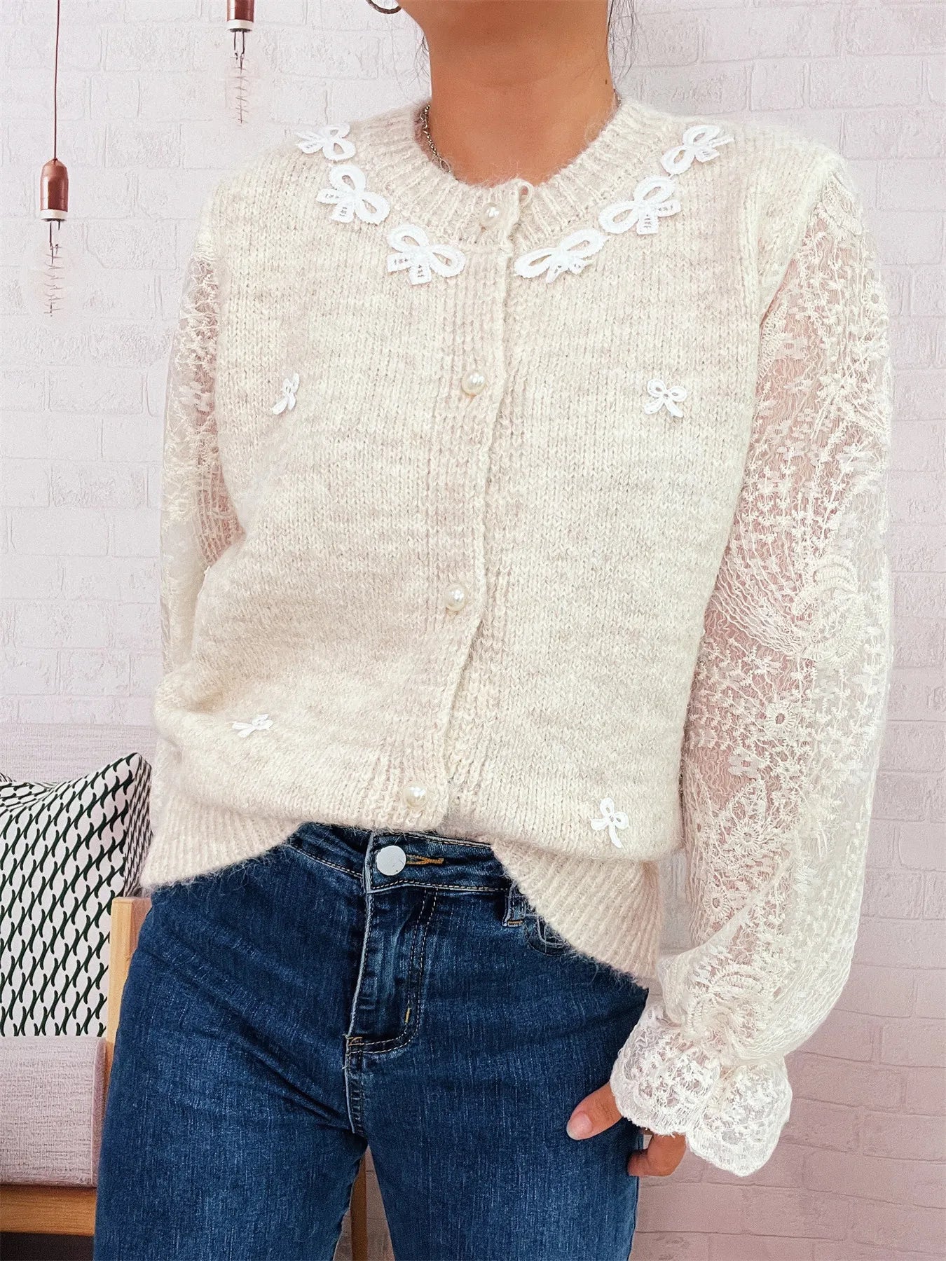 Lace Sleeve Button-Up Cardigan