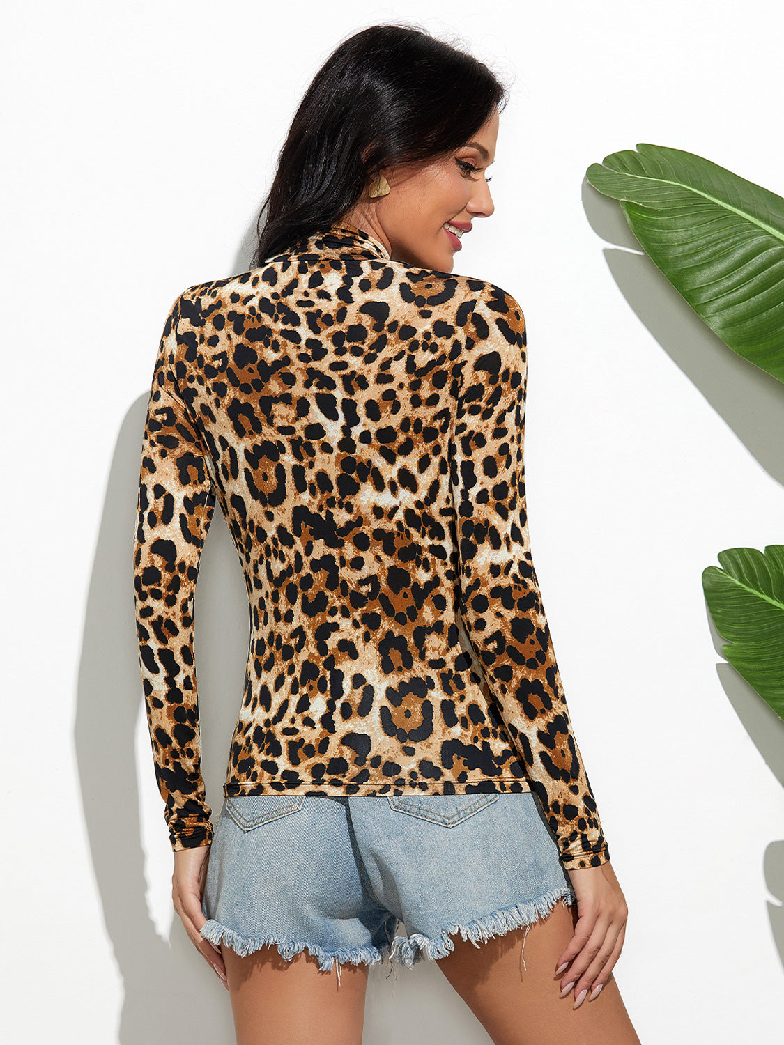 Women Leopard Mock Neck Long Sleeve T-Shirt nicholesgifts